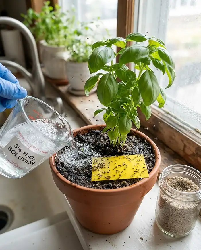 Indoor Kitchen Herb Garden 5 A flat yellow sticky trap and hydrogen peroxide drench treating fungus gnats in an indoor herb pot on a windowsill