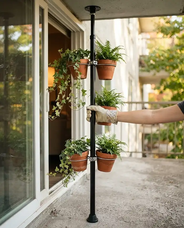 Renter Friendly Fall Balcony Ideas With Zero Drilling 3 A floor‑to‑ceiling tension pole holding tiered pots being tug‑tested, a core no‑drill hardware idea for a renter‑friendly fall balcony