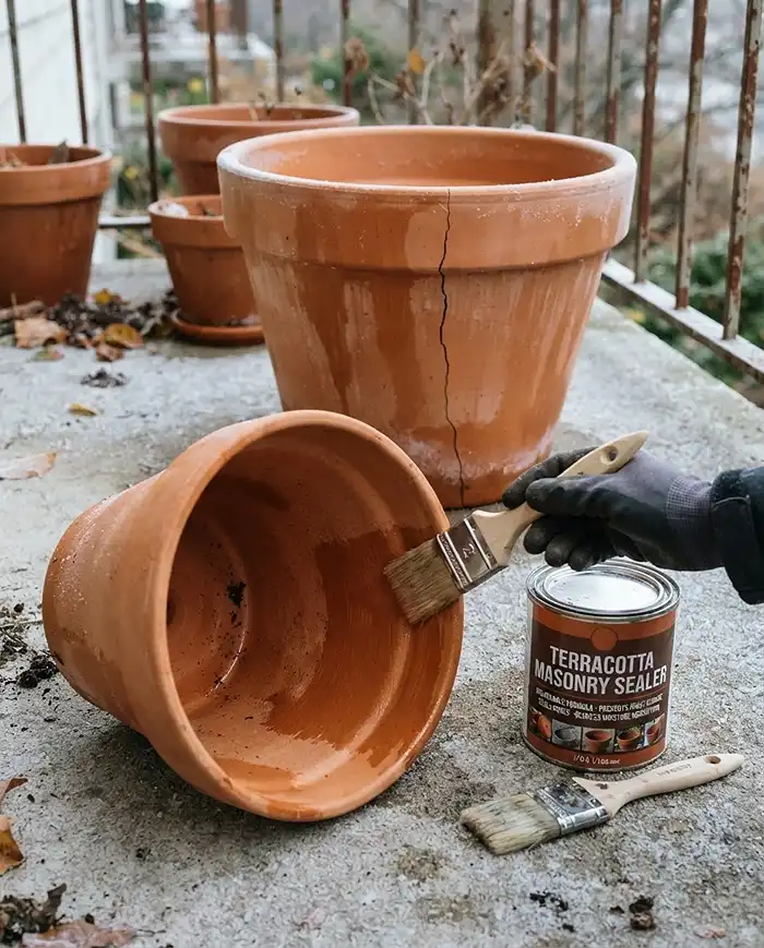 Fall Balcony Garden Ideas With Warm Earth Tones 5 A frost-cracked terracotta pot beside a can of masonry sealer used to waterproof clay pots against freezing damage