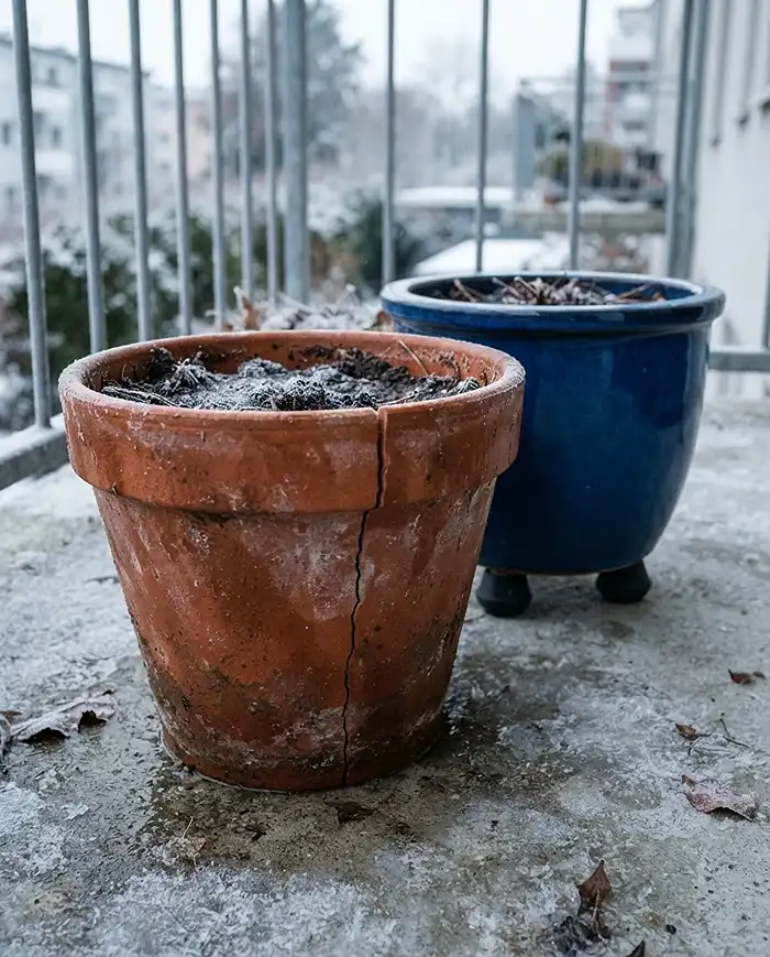 How to Protect Balcony Plants From Frost 5 A frost-cracked terracotta pot beside a glazed ceramic pot on pot feet, showing how to prevent frost-heave cracking