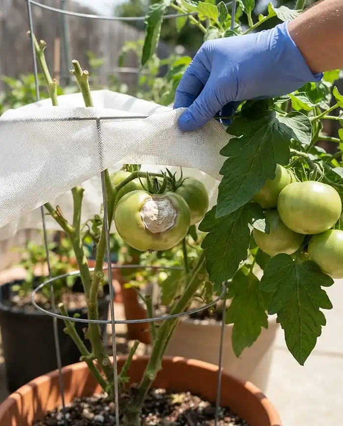 Pruning Tomatoes End of Season 5 A green tomato with white blistered sunscald and shade cloth being draped over the pot, fixing over-exposed fruit after pruning