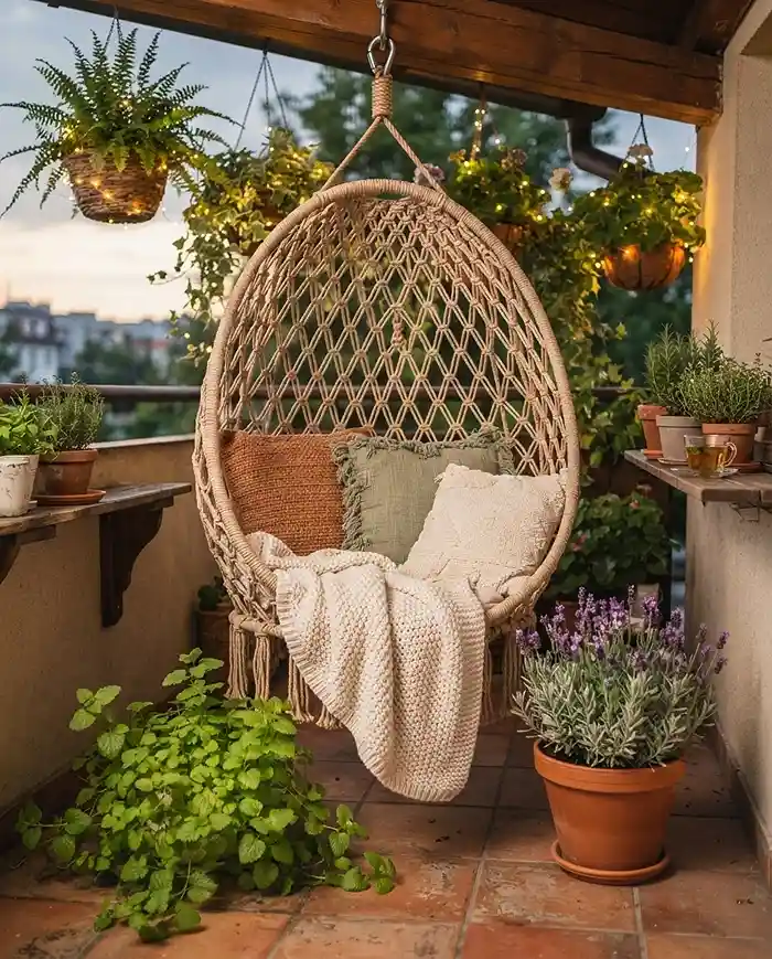 A hanging egg chair framed by lavender and lemon balm with string lights, the heart of a cozy balcony garden nook