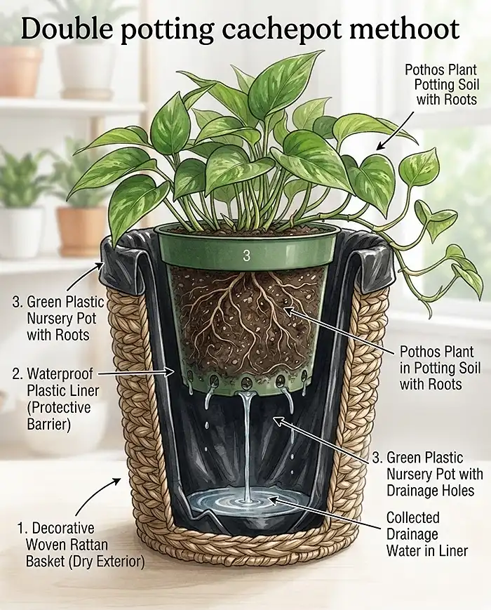 Trailing Balcony Plants: Basket Garden Ideas That Work 2 A nursery pot lined inside a woven basket showing the double-potting method that keeps decorative fibers dry