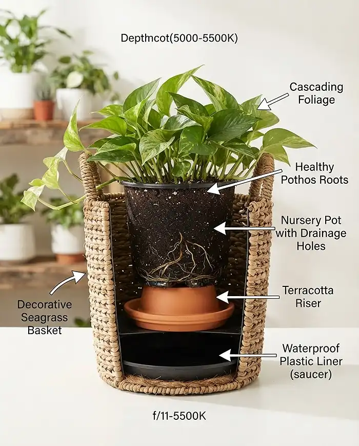 A nursery pot on a saucer inside a lined seagrass basket, the cachepot method behind lasting boho balcony garden baskets