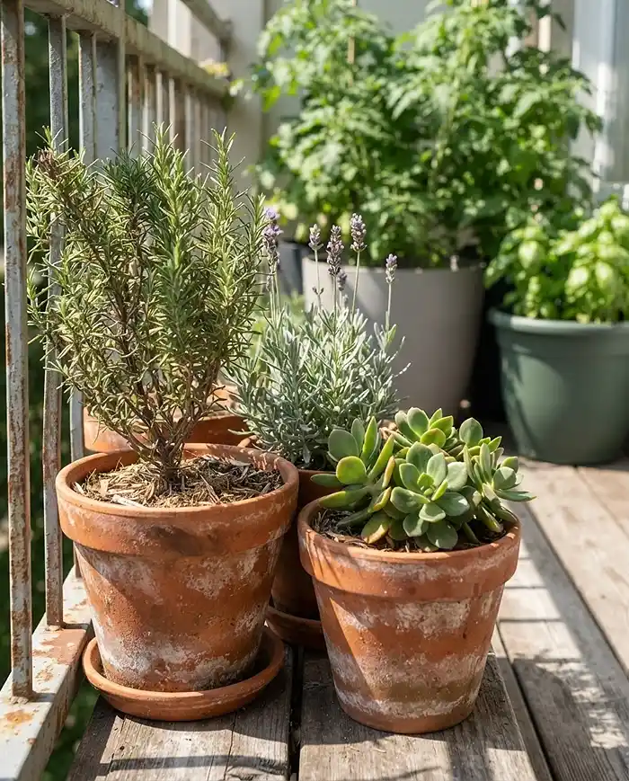 Hydrozoning Balcony Plants: Group Pots by Water Needs 3 A railing cluster of terracotta rosemary, lavender, and sedum, an Arid zone group when hydrozoning balcony plants