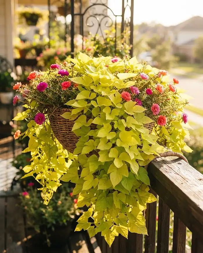 Trailing Balcony Plants: Basket Garden Ideas That Work 3 A rattan basket overflowing with sweet potato vine and portulaca, top sun-loving trailing balcony plants for baskets