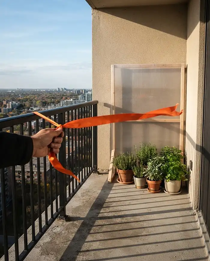 Cold Tolerant Herbs for Pots 2 A ribbon streaming in a cold gust on a balcony railing while herb pots shelter behind a wind screen against a solid wall