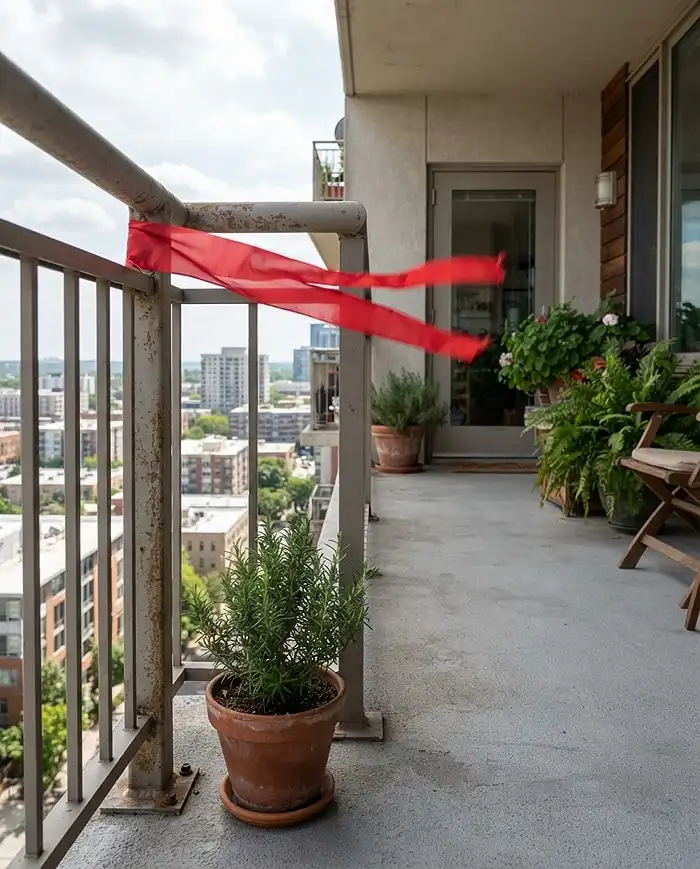 Hydrozoning Balcony Plants: Group Pots by Water Needs 2 A ribbon streaming in the wind at a balcony railing, the test for finding fast-drying spots when auditing microclimates