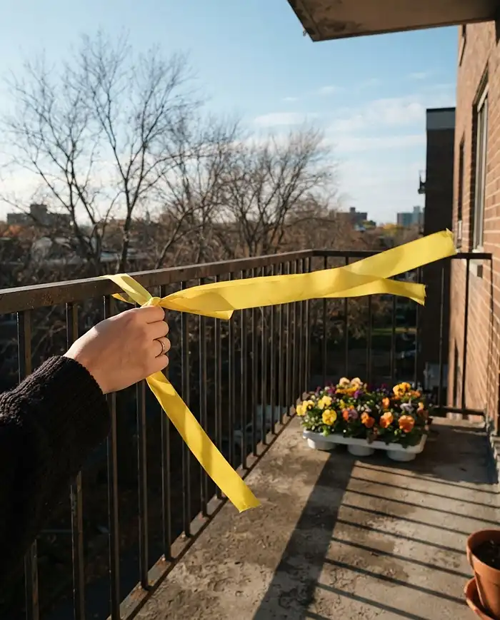 Renter Friendly Fall Balcony Ideas With Zero Drilling 2 A ribbon streaming in the wind on a balcony railing under a low autumn sun, mapping wind and light before placing plants