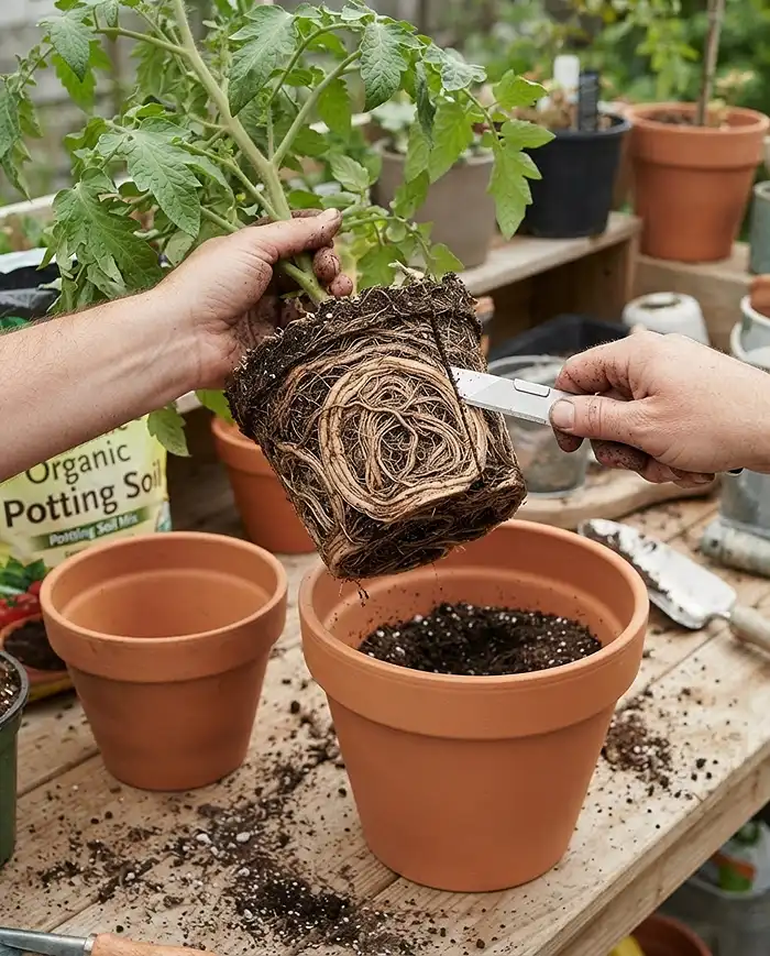 Pot Size for Vegetables: Match Pots to Root Depth 5 A root-bound plant with circling roots pulled from a small pot beside a knife and larger container for rescue repotting