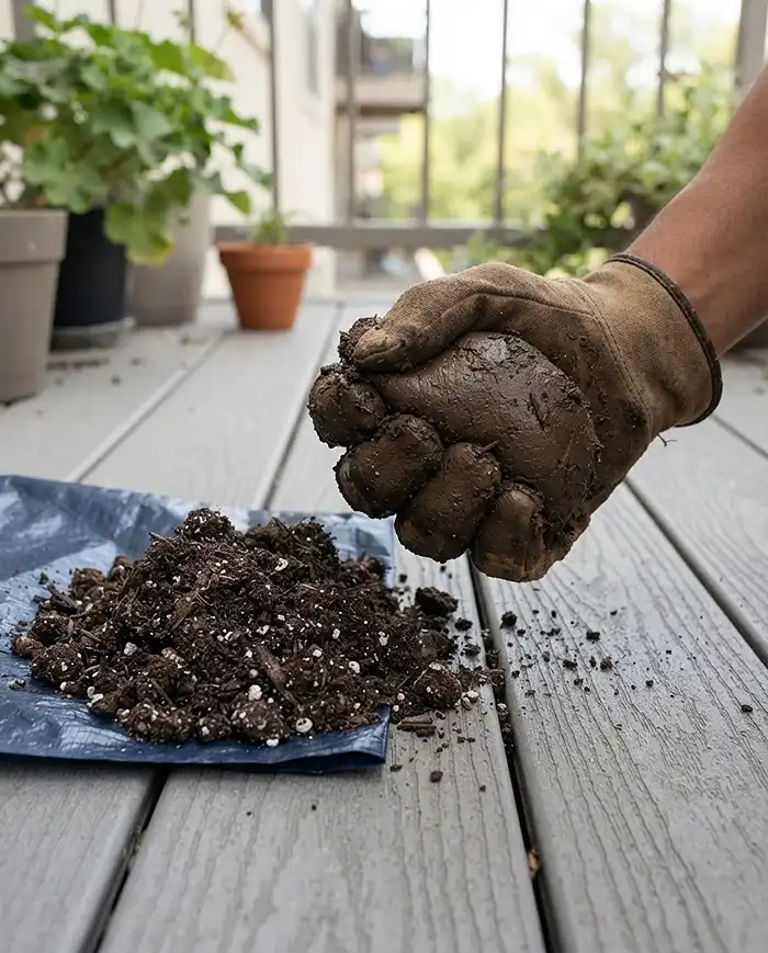 How to Tell If Potting Soil Is Still Good 2 A squeezed clod of compacted potting soil holding a dense clay-like shape beside loose crumbly mix, showing the squeeze test.