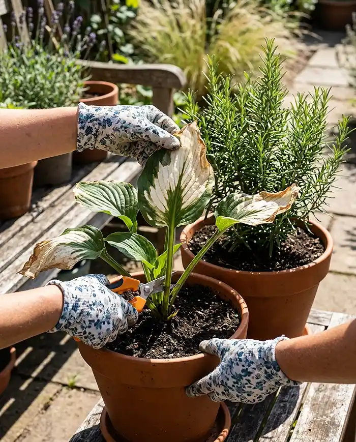 Best Balcony Plants by Sun Direction 5 A sun-scorched shade plant with bleached leaves being pruned and moved behind a taller plant for shade on a bright balcony.