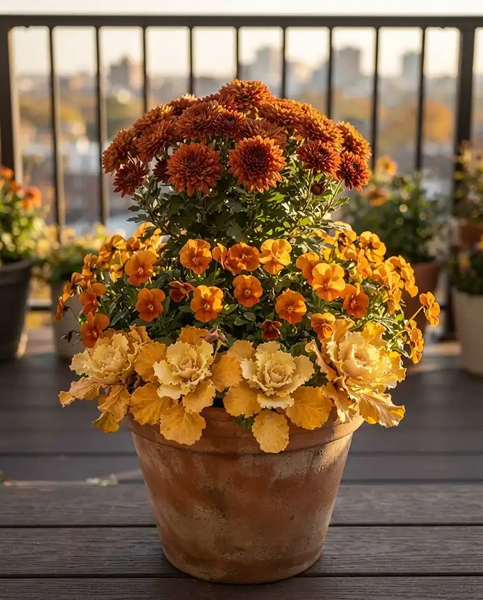 Fall Balcony Garden Ideas With Warm Earth Tones 3 A terracotta pot layering copper mums, burnt-orange violas, and ochre kale, a core earth-toned fall balcony garden idea