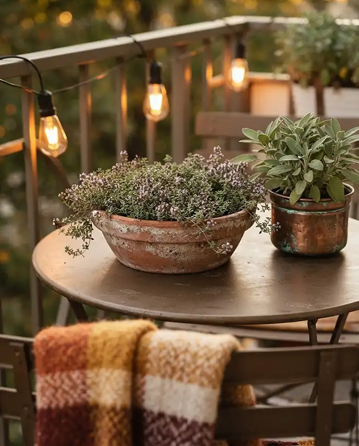 Fall Balcony Cafe Ideas for a Cozy Small-Space Retreat 3 A terracotta thyme bowl and copper sage pot on a bistro table with warm lights, core styling for fall balcony cafe ideas