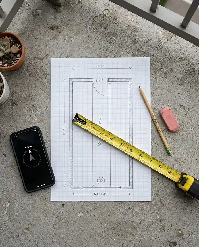 Designing a Small Garden 2 A to‑scale graph‑paper balcony sketch and tape measure marking a 30‑inch walkway, auditing usable space before buying pots.