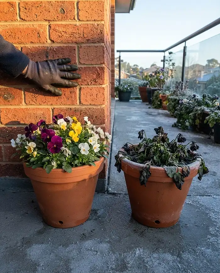 Best Fall Balcony Plants for Changing Autumn Weather 2 A viola pot against a warm brick wall thriving beside a frost-blackened pot in the open, showing thermal mass protection