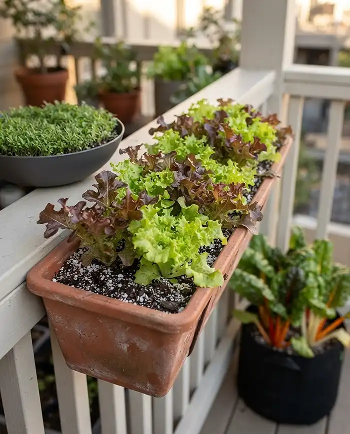 A wide, shallow window box packed with loose-leaf lettuce, the ideal container for a fall balcony salad garden.