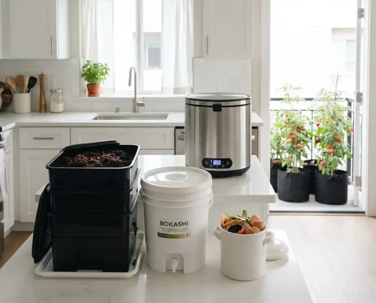 A worm bin, Bokashi bucket, and electric composter in a small apartment kitchen, three ways to compost at home without a yard
