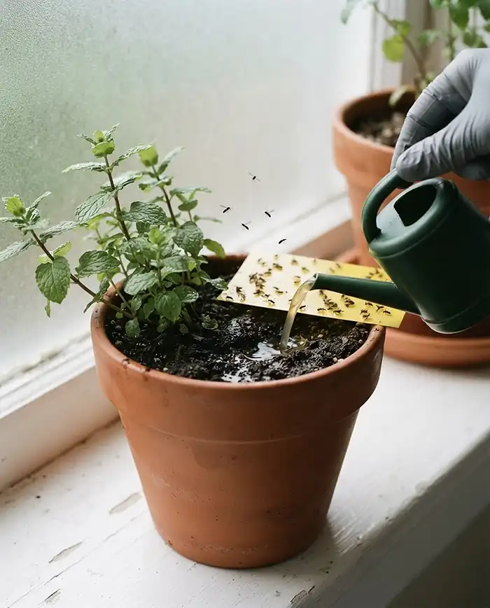 A yellow sticky trap and BTI dunk tea treating fungus gnats hovering over damp soil in an indoor potted herb