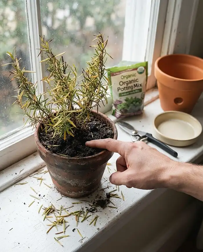 Bringing Herbs Indoors for Winter 5 A yellowing, leaf-dropping windowsill rosemary with a finger soil test, diagnosing transplant shock versus overwatering root rot
