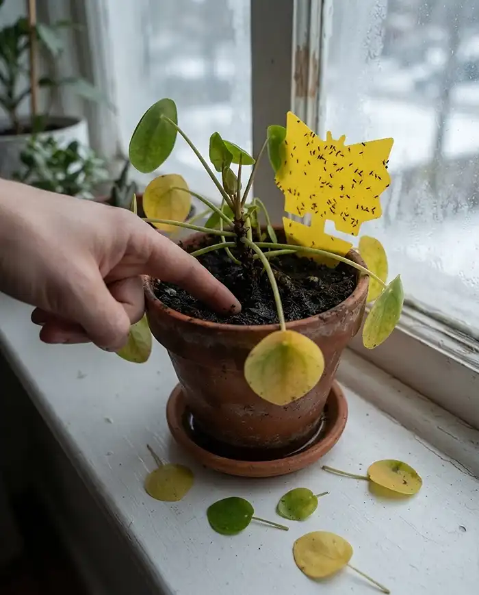 Bringing Outdoor Plants Inside for Winter 5 A yellowing overwintered plant with dropped leaves and a gnat-covered sticky trap, diagnosing stress and fungus gnats indoors