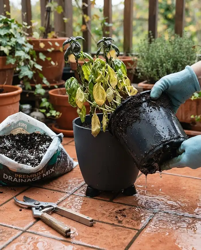 Cold Tolerant Herbs for Pots 5 A yellowing waterlogged herb pot raised on rubber feet for drainage, diagnosing root rot in cold saturated soil.
