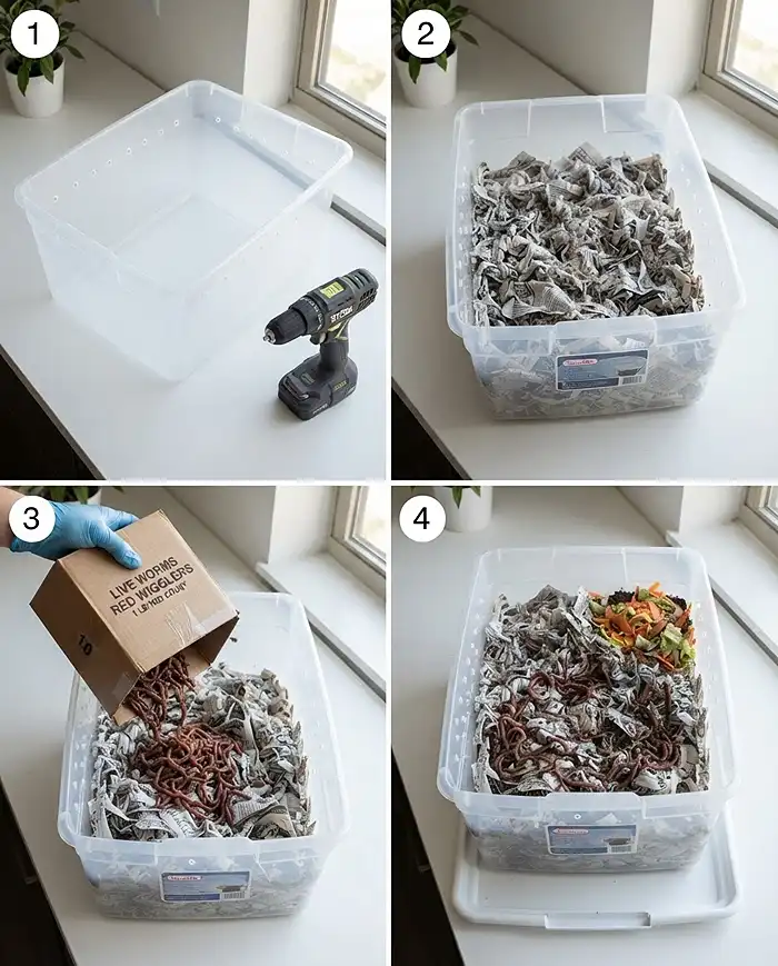 Adding worms and burying chopped scraps in damp shredded‑newspaper bedding in a ventilated tote, starting an apartment worm bin