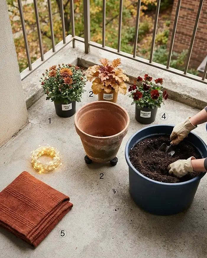 Fall Planter Color Schemes 4 Amending soil and staging mums, Heuchera, and pansies around a terracotta anchor pot, following the fall planting steps