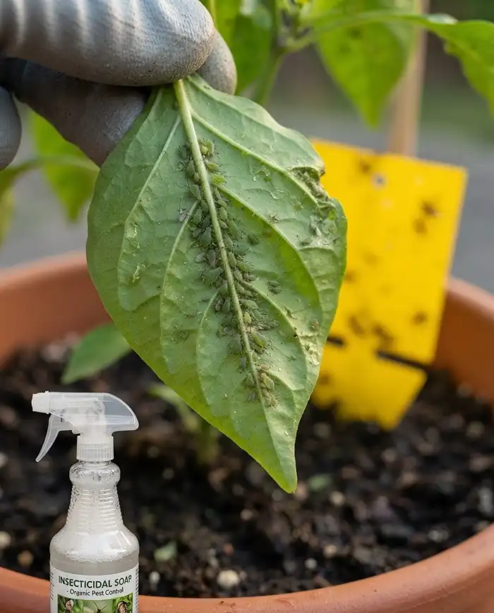 Compact Pepper Plants for Pots 5 Aphids clustered on a pepper leaf underside beside a yellow sticky trap and insecticidal soap spray for autumn pest control.