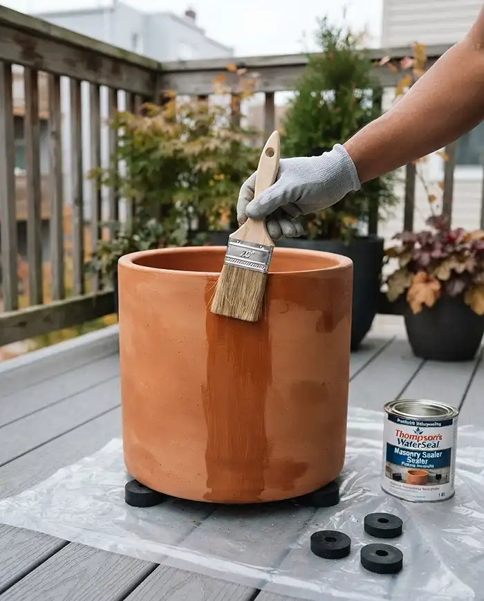 Fall Terracotta Balcony Ideas for a Modern Cozy Look 2 Applying breathable masonry sealer to a terracotta pot exterior before fall to prevent cracking and root chilling