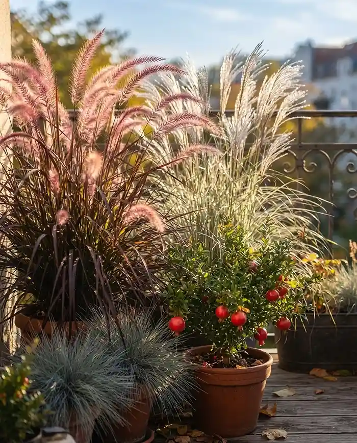 Fall Balcony Planters With Grasses: Fruit & Plant Ideas 3 Backlit fountain grass and Miscanthus plumes beside a potted pomegranate, top ornamental grasses for fall balcony planters