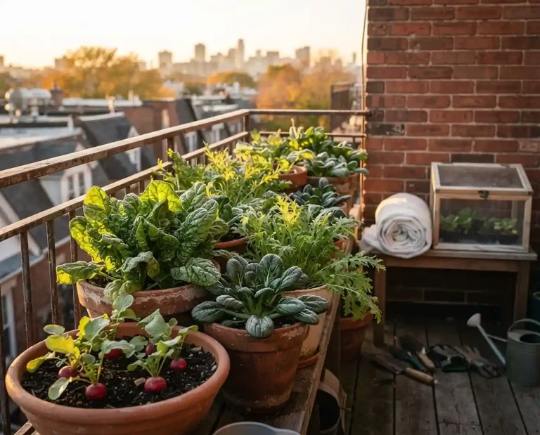 Balcony containers of Bloomsdale spinach, tatsoi, mizuna, and Cherry Belle radishes against a brick wall in frosty October light