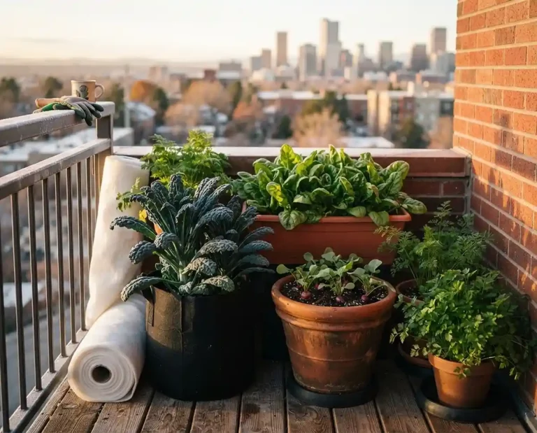 Balcony fall container garden with Lacinato kale, spinach, radishes, carrots, and parsley clustered against a brick wall in autumn light