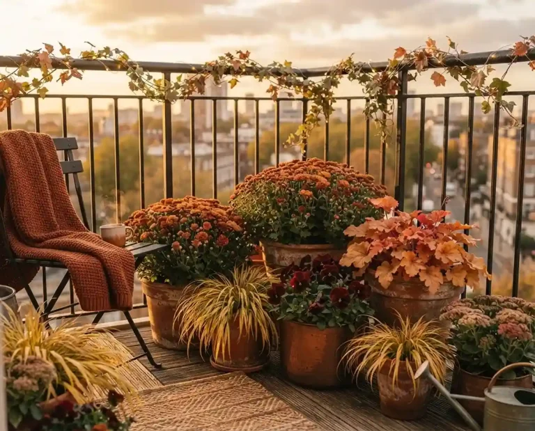 Balcony in an amber and rust palette with bronze mums, red pansies, Heuchera, grasses, copper pots, and warm string lights