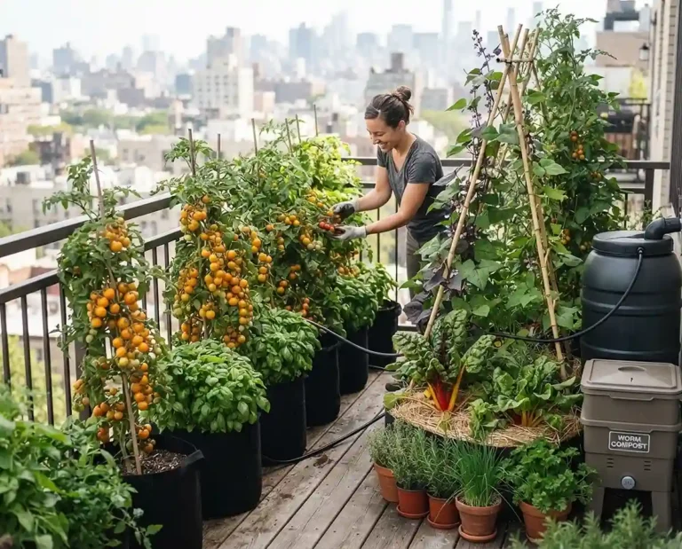 Balcony micro-farm with fabric grow bags, a bamboo bean trellis, intercropped chard, herbs, a worm bin, and a drip line