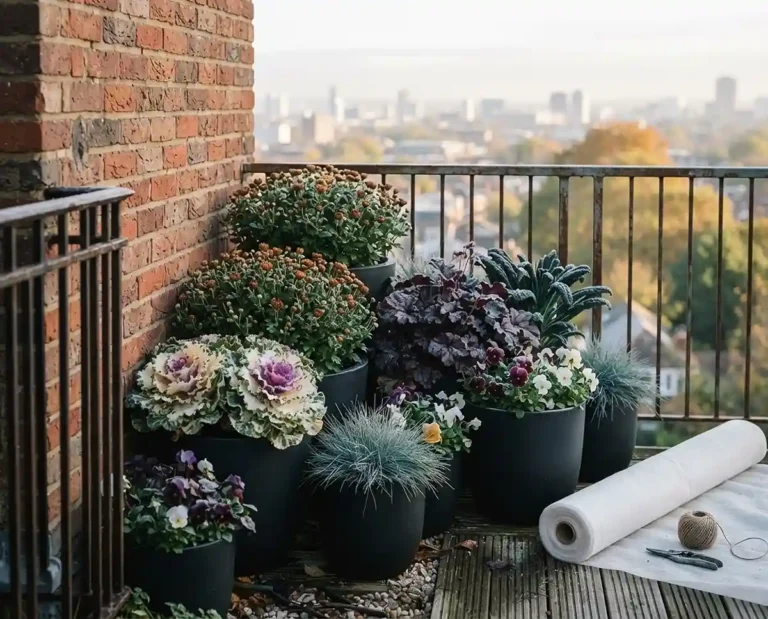 Balcony of frost-dusted violas, mums, purple Heuchera, ornamental cabbage, fescue, and kale in resin pots against a brick wall