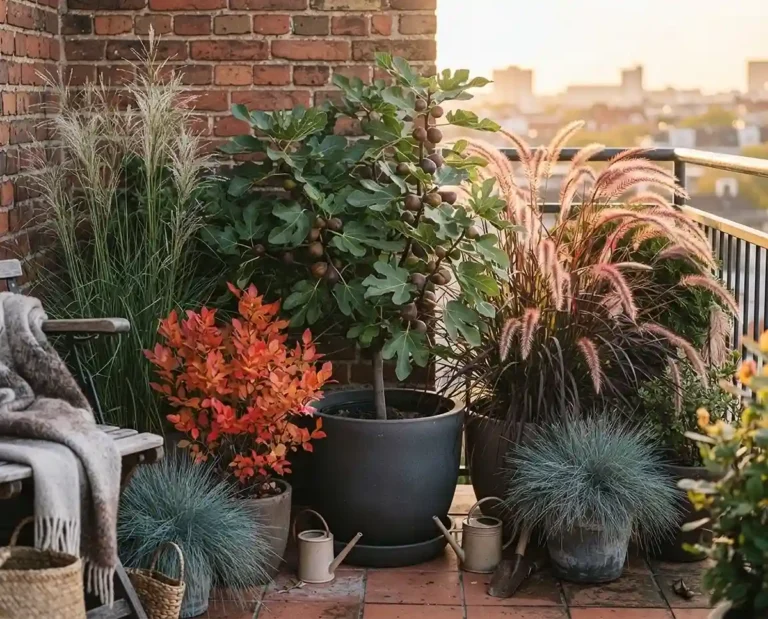 Balcony with a dwarf fig, rosy fountain grass, Miscanthus plumes, red blueberry foliage, and blue fescue in autumn light.