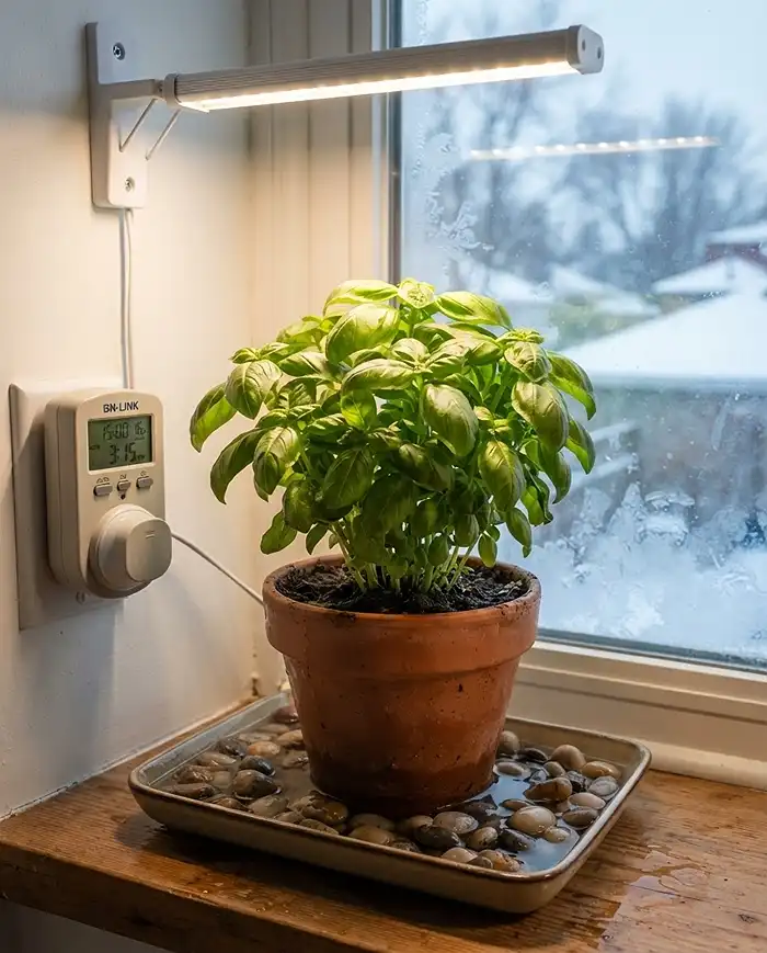 Basil on a pebble tray under an LED grow light beside a frosty window, the indoor microclimate for growing basil in winter