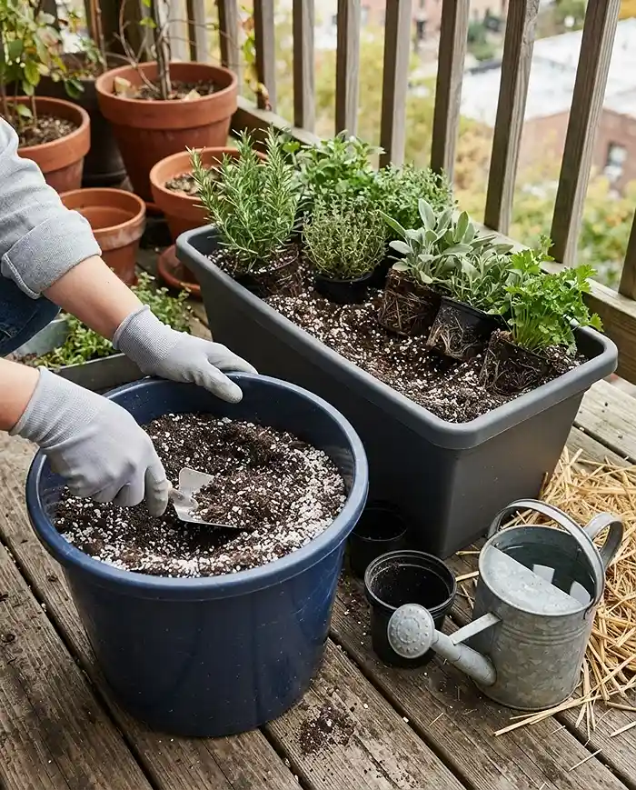 Cold Tolerant Herbs for Pots 4 Blending 7030 potting mix and perlite and packing herb transplants tightly, following the cool‑season planting steps
