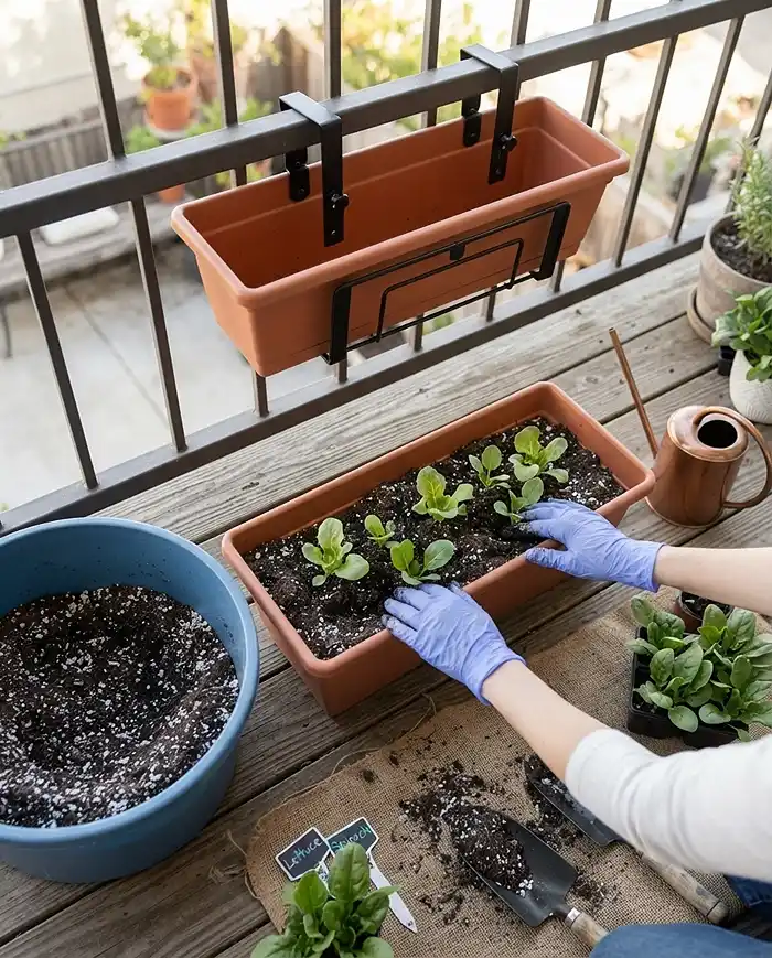 East Facing Balcony Plants: Best Choices for Small Spaces 4 Blending perlite mix and setting lettuce transplants in a railing box on an east-facing balcony, following the planting steps