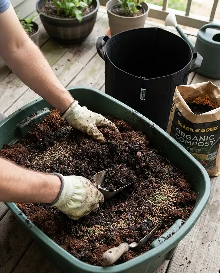 Blending potting mix with compost, worm castings, and slow-release fertilizer for a heavy-feeder tomato and herb pot