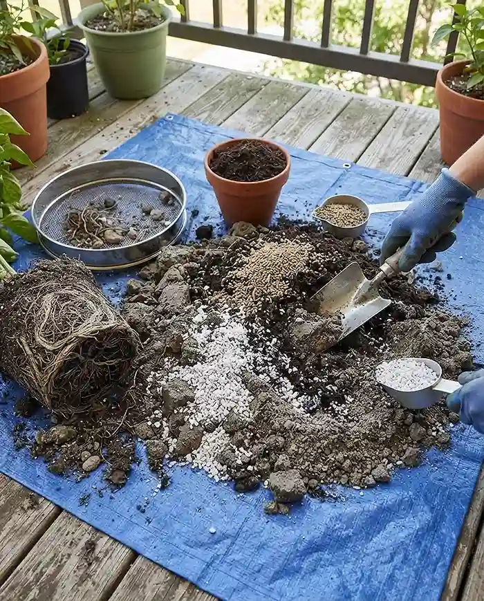 How to Refresh Potting Soil 4 Blending sifted old soil with compost, perlite, and dry organic fertilizer in the 5050 refresh recipe for fall seedlings