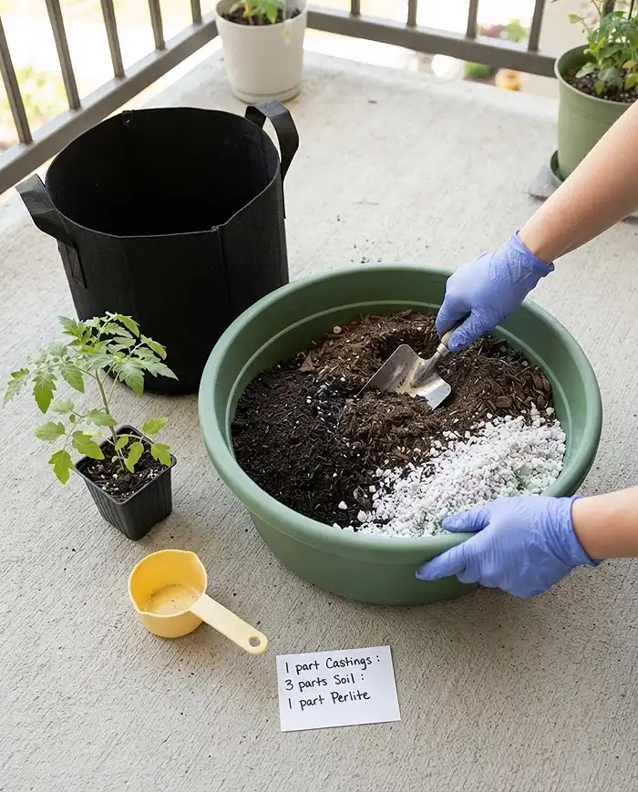 Composting for Container Gardens 3 Blending worm castings, potting soil, and perlite at a 20–30% ratio before potting, amending container soil without burning roots