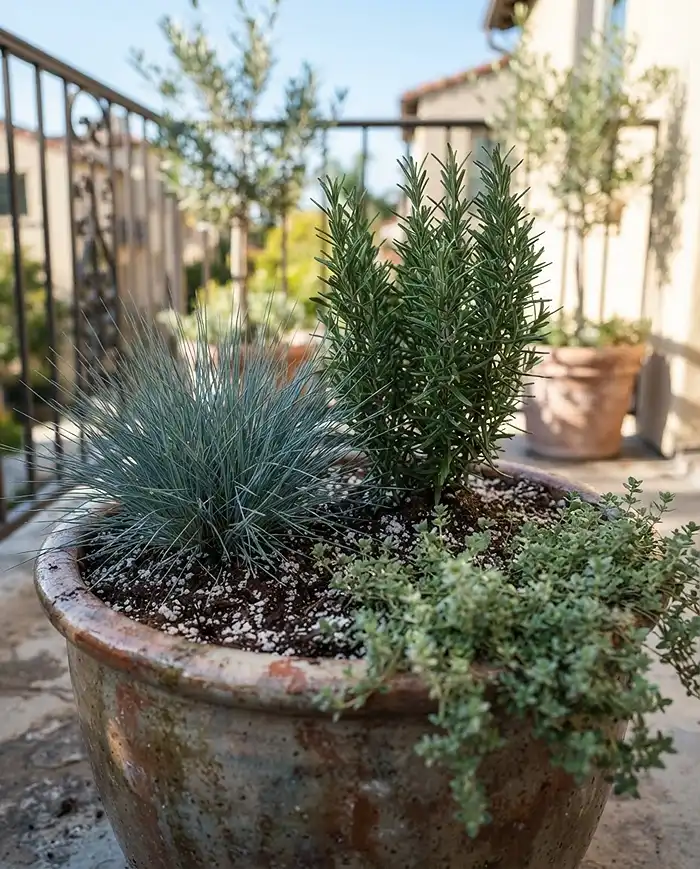Mixed Container Gardening With Grasses and Herbs 3 Blue Fescue, rosemary, and creeping thyme layered in one pot, a core mixed container of grasses and herbs.