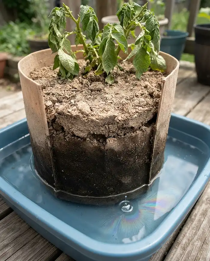 Bottom-soaking a fabric grow bag in soapy water to rehydrate hydrophobic dried-out soil around a wilted plant.