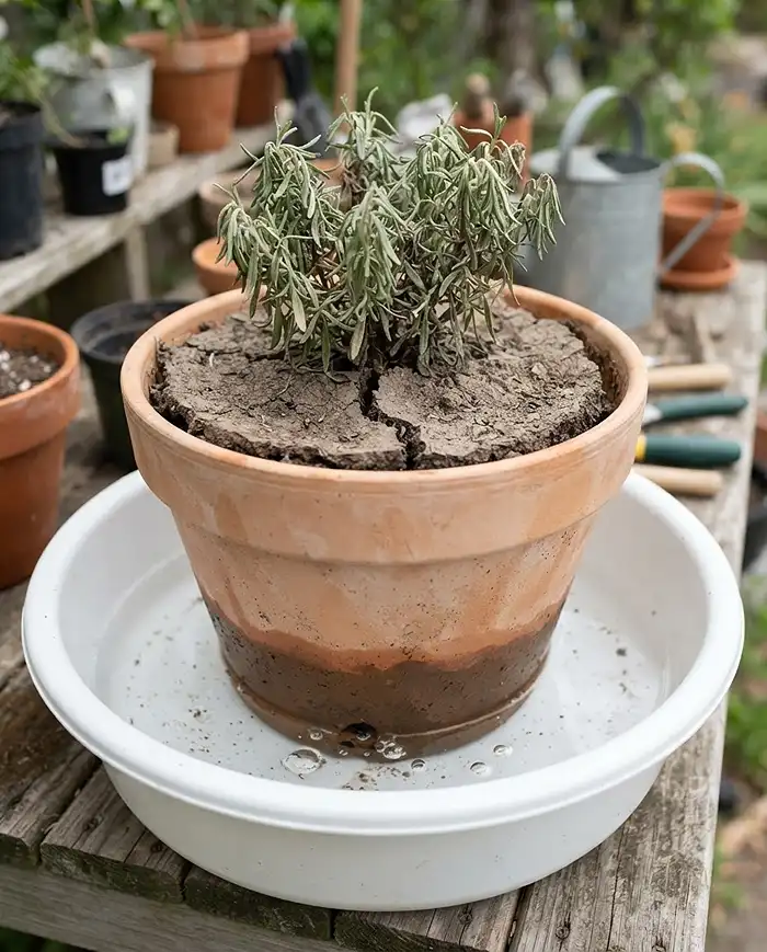 Hydrozoning Balcony Plants: Group Pots by Water Needs 5 Bottom-soaking a terracotta pot in a water basin to rehydrate hydrophobic soil that repels water in the Arid zone