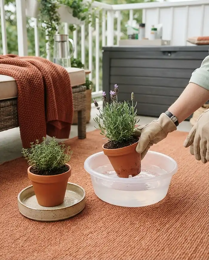 Cozy Balcony Garden Ideas With Warm Textile Layers 5 Bottom-watering a herb in a basin beside a drip tray to keep the rug and throw dry, protecting balcony nook textiles
