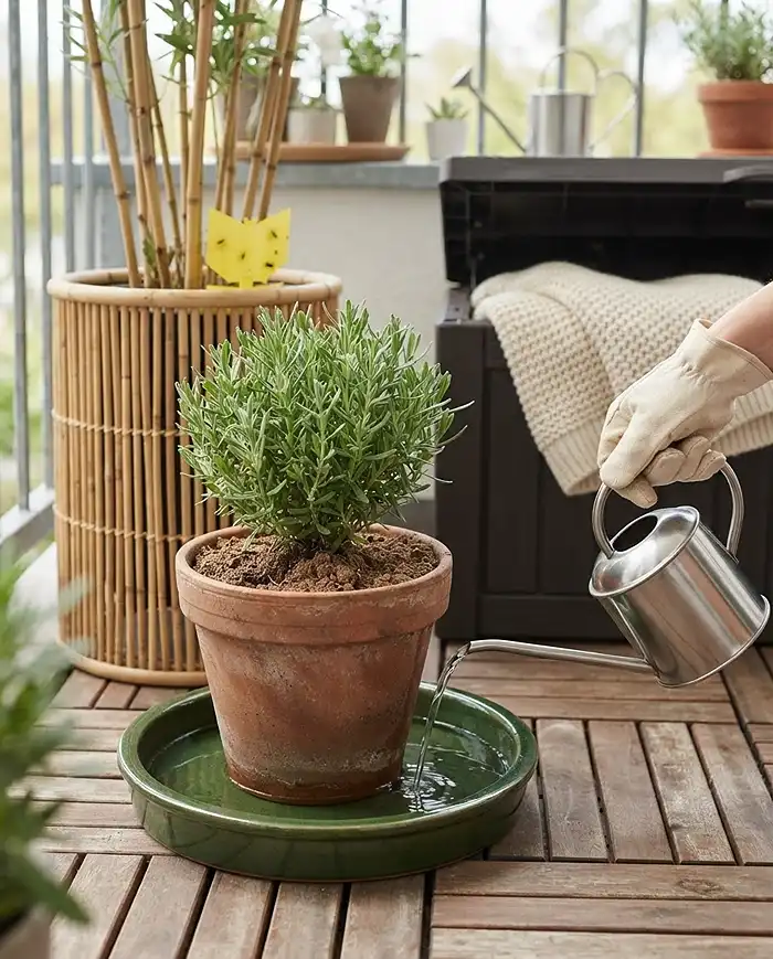 Bottom-watering a pot into a drip tray to protect textiles, with a sticky trap and deck box in a balcony nook