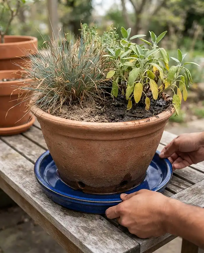 Mixed Container Gardening With Grasses and Herbs 5 Browning grass tips and a rotting herb in a mixed pot beside a deep saucer set up for bottom-watering.