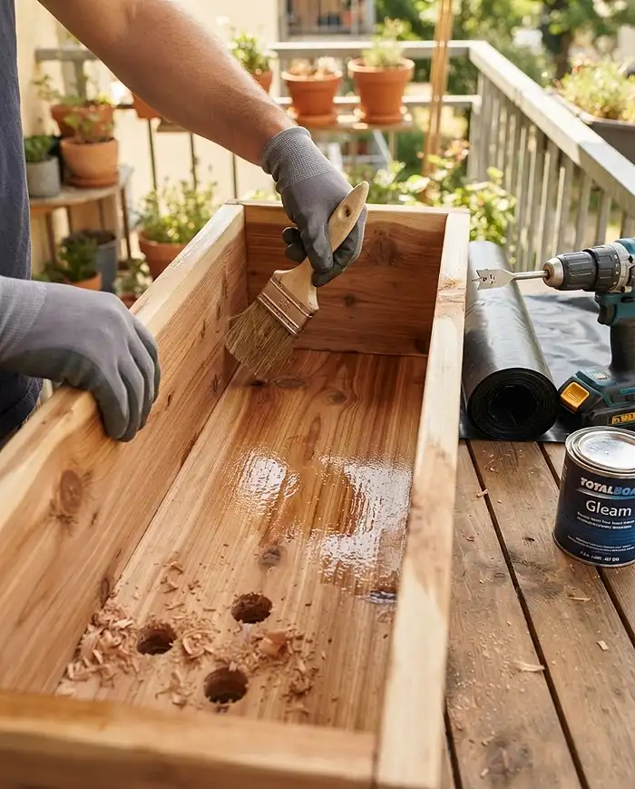 Rustic Balcony Garden Ideas for a Warm, Natural Look 3 Brushing non-toxic sealant inside a cedar planter beside a liner and drill, weatherproofing wood for a rustic balcony garden